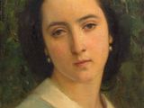 portrait of a woman in a blue dress with a wreath on her head