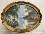 a picture of a painting of a river in a gold frame