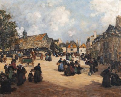 tableau représentant une scène de rue avec des personnes assises et d'autres qui se promènent