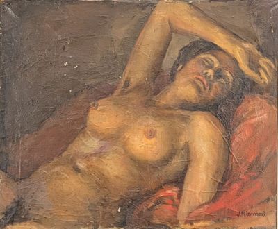 an oil painting of a nude woman laying down on a bed