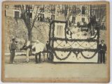 an old photo of a horse drawn carriage with people around it