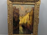 une peinture représentant une rue de la ville avec des bâtiments et une rivière