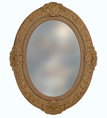 a round mirror with a gold frame on a white background