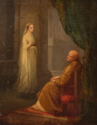 a painting of a man sitting in a chair next to a woman