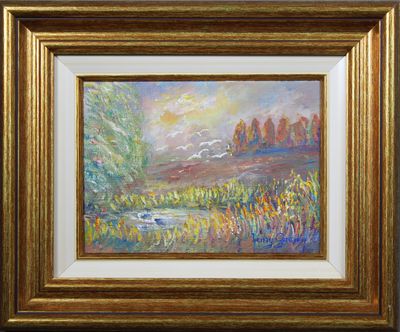 a painting of a landscape with trees and a river in the foreground