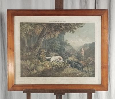 une vieille photo représentant une peinture d'un homme et d'un chien dans un environnement boisé
