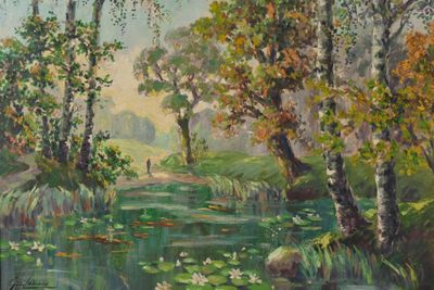 un tableau représentant un étang avec des nénuphars