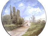 a picture of a painting on a plate on a stand