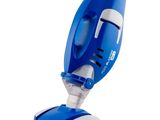 a close up of a blue and white steam mop on a white background