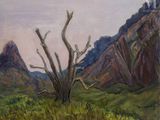 an oil painting of a tree in a field with mountains in the background