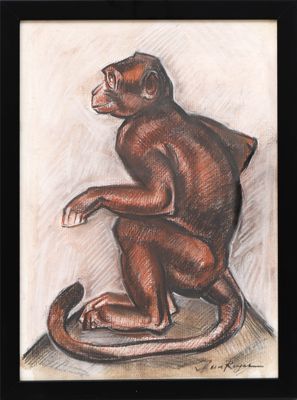 tableau représentant un singe assis sur ses pattes arrière sur une table