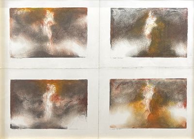 quatre dessins de couleurs différentes représentant une femme en robe blanche et un homme en robe rouge