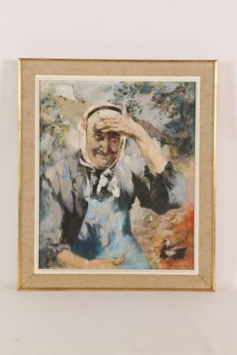 a painting of a woman with a hat on a wall