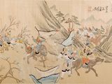 painting of a group of people riding on horses in a wooded area