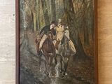 a painting of two people riding horses in the woods