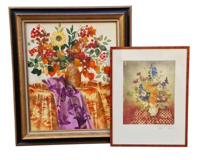 two framed paintings of flowers in a vase and a vase of flowers on a table