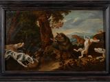 painting of a group of dogs chasing a cat in a wooded landscape