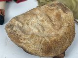 a large piece of bread sitting on a table next to a doll