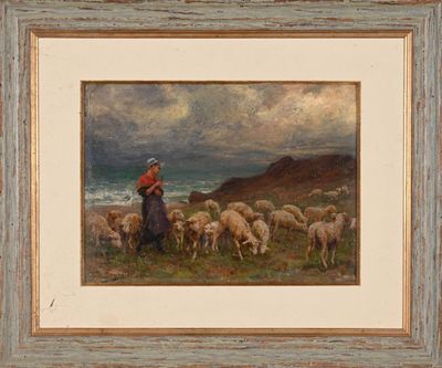 une image représentant un tableau d'une femme avec un troupeau de moutons