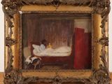 an image of a painting of a woman laying on a bed in a room