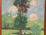 une peinture à l'huile représentant un palmier dans un champ de fleurs