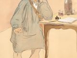tableau représentant un homme assis à une table en train de parler au téléphone portable