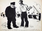 drawing of two men standing next to each other in front of a ship
