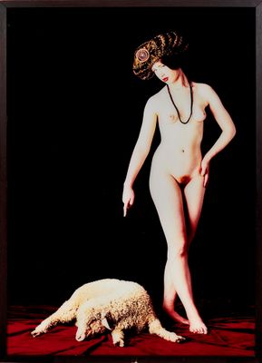 painting of a woman standing next to a sheep on a red carpet