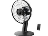 a black fan with a remote control in front of a white background
