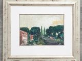 an image of a painting of trees and buildings in a white frame