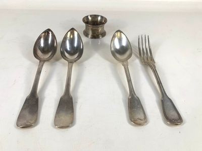 four spoons and two forks are sitting on a white surface
