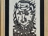 a black and white drawing of a man ' s face in a frame