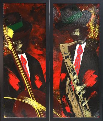 tableau représentant un homme en costume-cravate jouant du saxophone