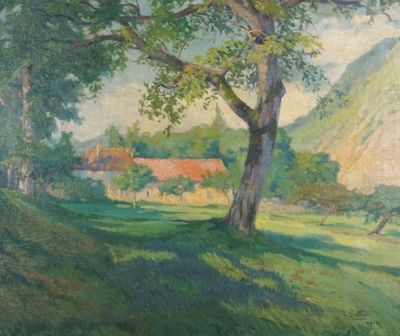 Lucien GALLÉE (XIX-XXe), "Ferme au toit rose" 1919, huile su…