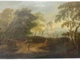 tableau représentant un paysage boisé avec des personnages sur un sentier au bord d'un ruisseau