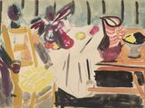 l'image d'un tableau représentant une femme assise à une table avec un chapeau sur la tête