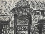 a drawing of a person sitting at a table