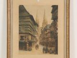 tableau représentant une scène de rue avec une calèche au premier plan