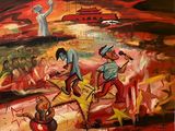 painting of a painting of a group of people playing a game of baseball