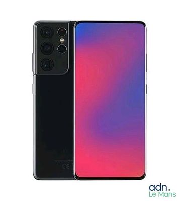 vue arrière et latérale d'un Samsung S20 noir sur fond rose et bleu