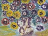a painting of flowers in a vase on a table