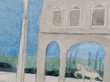 a painting of a building with a horse in the window