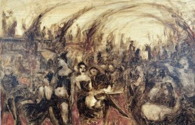 un tableau représentant un groupe de personnes sur une scène