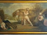 painting of a couple of angels with a basket of wheat in the foreground