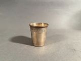a silver cup that is sitting on a table