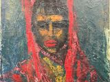 an oil painting of a woman wearing a red head scarf