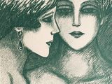 dessin représentant une femme et une femme avec un oiseau sur la tête