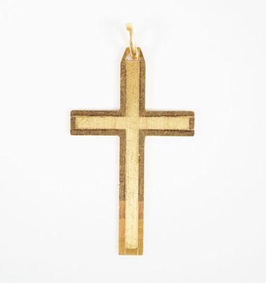 a close up of a wooden cross on a white background