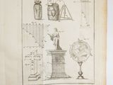 an old book with a drawing of various objects on top of it