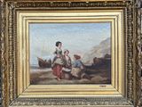 an oil painting of a woman and a child on a beach